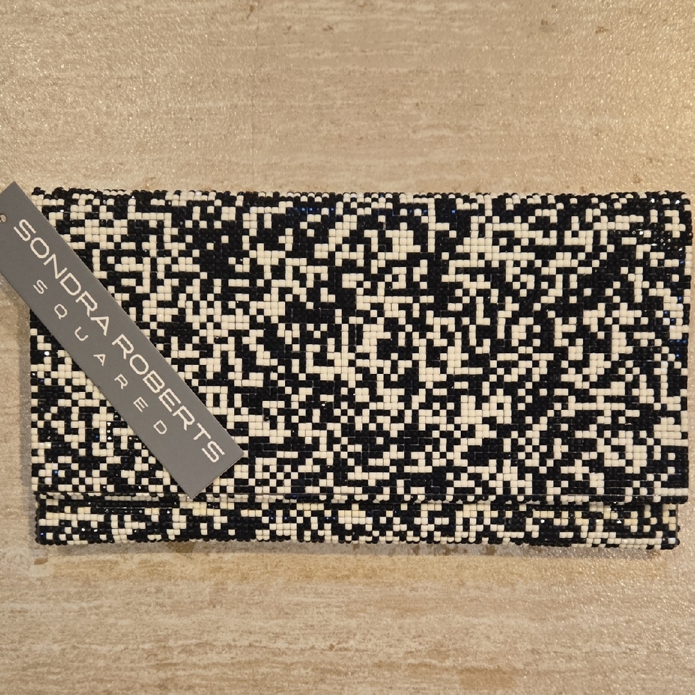 New Sondra Roberts Squared Black/White Beaded Versatile Clutch